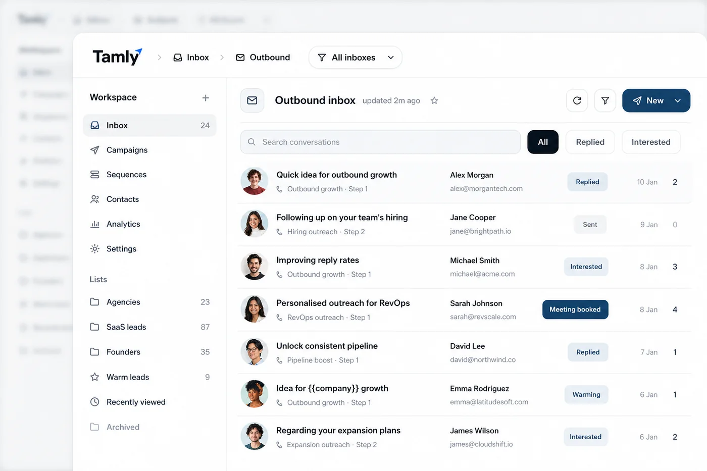 The Tamly outbound inbox, conversations with replied, interested and meeting-booked statuses